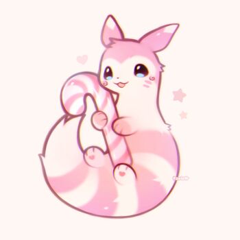 alternate_color artist_name candy candy_cane commentary english_commentary food foxlett furret gen_2_pokemon highres looking_at_viewer nintendo no_humans open_mouth pink_fur pokemon pokemon_(creature) shiny_pokemon simple_background solo tail two-tone_fur white_background white_fur