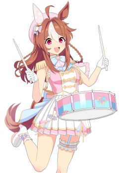 Rule 34 | 1girl, ahoge, animal ears, beret, blue bow, blush, bow, braid, breasts, brown hair, commentary request, copano rickey (umamusume), drum, drumsticks, ear covers, epaulettes, frilled thigh strap, frills, garter straps, hat, highres, holding, holding drumsticks, horse ears, horse girl, horse tail, instrument, long hair, medium breasts, multicolored hair, open mouth, pink bow, pink shirt, pleated skirt, purple eyes, shirt, shoes, simple background, single ear cover, skirt, smile, solo, tail, thigh strap, umamusume, white background, white hair, white skirt, yukke jan