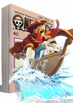 Rule 34 | 2boys, 7nawon, bandana, black bandana, black hair, blue shorts, boat, coat, coat on shoulders, commentary, fur-trimmed shorts, fur trim, green hair, grin, hat, holding, holding sword, holding weapon, jolly roger, katana, male focus, manga (object), monkey d. luffy, multiple boys, on boat, one piece, red coat, red vest, roronoa zoro, sandals, shirt, short hair, shorts, shounen jump, smile, straw hat, straw hats jolly roger, sword, vest, water, watercraft, waves, weapon, white background, white shirt