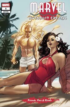 Rule 34 | 1boy, 1girl, absurdres, avengers (series), beach, black eyeshadow, blue sky, breasts, brown hair, character request, check character, cleavage, cleavage cutout, clothing cutout, comic cover, company name, copyright logo, copyright name, cover, cover page, curly hair, earrings, english text, eyeshadow, fantastic four, fiery hair, flower, gold earrings, hair flower, hair ornament, highres, hoop earrings, human torch, jewelry, johnny storm, large breasts, logo, long hair, makeup, marvel, muscular, muscular male, navel, o-ring, o-ring swimsuit, official alternate costume, official art, one-piece swimsuit, outdoors, pablo villalobos, palm tree, parted lips, red lips, red one-piece swimsuit, red sarong, red shawl, sarong, scarlet witch, see-through clothes, see-through sarong, see-through shawl, shawl, signature, sitting, sky, sunglasses, swimsuit, topless male, tree, wanda maximoff, western comics (style), white flower, white swim trunks