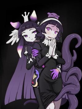 2girls absurdres behind_another black_background black_dress black_hair black_veil blunt_bangs blunt_ends breasts closed_mouth commentary dress english_commentary feathered_wings feet_out_of_frame furrowed_brow gloves hand_on_another's_arm hand_on_another's_stomach hands_up head_wings highres hololive hololive_english juliet_sleeves light_blush long_hair long_sleeves looking_at_another medium_breasts multiple_girls nervous_sweating ninomae_ina'nis nun nun_headdress open_mouth own_hands_together palms_together puffy_sleeves purple_eyes purple_gloves purple_hair ricman_rt short_hair sidelocks smile standing sweat tako_takover_(ninomae_ina'nis) takodachi_(ninomae_ina'nis) tentacle_hair tentacles veil very_long_hair virtual_youtuber wavy_mouth white_wings wings yuri