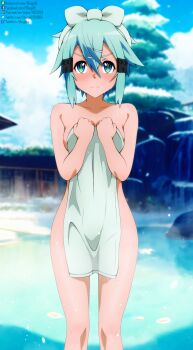 1girl aqua_eyes aqua_hair artist_name bad_id bad_pixiv_id blue_sky blush breasts cloud cloudy_sky collarbone cowboy_shot day deviantart_logo deviantart_username double-parted_bangs facebook_logo facebook_username hair_between_eyes hair_ornament hairclip hands_up highres holding holding_towel large_breasts light_frown looking_at_viewer medium_hair naked_towel onsen outdoors pixiv_id pixiv_logo shugo19 sinon sky solo standing straight-on sword_art_online towel towel_on_head twitch_logo twitch_username twitter_logo twitter_username watermark web_address