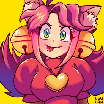 1girl animal_ears bell cat_ears fang green_eyes highres mad_mew_mew magical_girl pink_hair ribbon smile undertale utdr_(toby_fox)