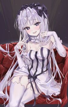 Rule 34 | 1girl, absurdres, bare shoulders, black bow, black eyes, blush, bow, braid, breasts, cleavage, collar, detached sleeves, dress, fate/strange fake, fate (series), francesca prelati (fate), frilled collar, frills, garter straps, grey hair, hair bow, highres, long hair, looking at viewer, medium breasts, mimil, open mouth, panties, parted bangs, ringed eyes, sidelocks, smile, solo, striped clothes, striped dress, thighhighs, thighs, underwear, very long hair, white dress, white panties, white thighhighs