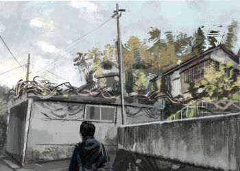 1girl bag black_hair blue_bag blue_hoodie blue_sky cloud commentary_request day door from_behind highres hood hood_down hoodie house katakai leaf long_hair long_sleeves one-hour_drawing_challenge original outdoors overgrown power_lines railing road scenery school_bag sidewalk sky smoke solo street tree upper_body walking window