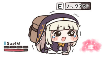 1girl :3 all_fours arc_raiders backpack bag chibi commentary_request crying crying_with_eyes_open long_hair meme nipruku parody solo speaki_(trickcal) speakiposting_(meme) tears translated trickcal white_background