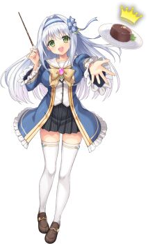 Rule 34 | 1girl, artist request, artistic error, breasts, buttons, cake, chocolate cake, crown, food, frills, full body, game cg, green eyes, highres, holding, kasukabe kanon, large breasts, legend clover, long sleeves, official art, open mouth, ouchi ni kaeru made ga mashimaro desu, plate, school uniform, skirt, solo, teeth, third-party source, transparent background, upper teeth only, white hair