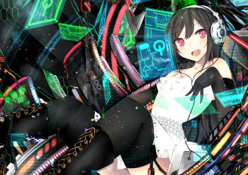1girl bare_shoulders benio_(dontsugel) binary black_hair black_thighhighs blush boots dress elbow_gloves female_focus floating_screen garter_straps gloves headphones headset highres holographic_monitor knee_boots looking_at_viewer nmaaaaa open_m/ open_mouth original red_eyes short_hair smile solo thighhighs white_dress zettai_ryouiki