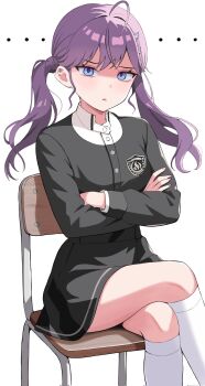 ... 1girl ahoge black_jacket black_skirt blue_eyes blush chair commentary_request crossed_arms crossed_legs crouching_start earrings gakuen_idolmaster gokugetsu_academy_school_uniform highres idolmaster jacket jewelry kaya_rinha kneehighs long_sleeves looking_at_viewer on_chair purple_hair school_chair school_uniform simple_background sitting skirt socks solo twintails white_background white_socks