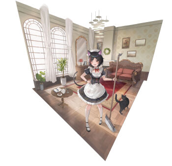 1girl animal_ear_fluff animal_ears apron black_dress black_hair black_shoes bracelet breasts cat cat_ears cat_girl cat_tail cleaning cleavage cost_(kftf4582) couch cup dress fang hand_on_own_hip indoors jewelry large_breasts looking_at_viewer maid maid_apron maid_headdress mop neck_bell one_eye_closed plant red_hair red_ribbon ribbon shoes smilr socks spiked_bracelet spikes tail teacup teapot white_socks window wink yellow_eyes