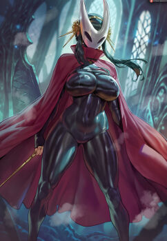 Rule 34 | 1girl, ai-assisted, black bodystocking, black bodysuit, black hair, bodysuit, breasts, cape, character mask, chitin, cloak, cosplay, dagger, earrings, gold earrings, gold hairband, hairband, highres, holding, holding dagger, holding knife, holding weapon, hollow eyes, hollow knight, hollow knight: silksong, horned mask, hornet (hollow knight), hornet (hollow knight) (cosplay), jewelry, knife, large breasts, long hair, mask, mask on head, red cape, red cloak, shexyo, sidelocks, solo, spy x family, stiletto (weapon), thread, weapon, white mask, yor briar