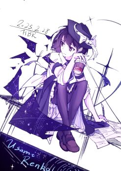 Rule 34 | 1girl, black hat, black necktie, black pantyhose, black skirt, bow, brown eyes, brown hair, character name, chinese commentary, closed mouth, collared shirt, commentary, constellation, dated, drink, frilled skirt, frills, hand rest, hat, hat bow, holding, holding drink, looking to the side, medium hair, necktie, pantyhose, paper, red shoes, renkxia, shirt, shoes, signature, sitting, skirt, sleeve garter, sleeves rolled up, smile, solo, star (sky), touhou, usami renko, white background, white bow, white shirt