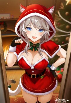 1girl absurdres animal_ear_fluff animal_ears animal_hood artist_name black_gloves blue_eyes breasts cat_ears cat_girl cat_hood cat_tail christmas_tree cipher_(honkai:_star_rail) cleavage commentary doorway dress english_commentary fingerless_gloves gloves grey_hair highres honkai:_star_rail honkai_(series) hood ken-pai_(kenpai_arts) large_breasts looking_at_viewer open_mouth pov_doorway red_dress red_hood santa_costume santa_dress santa_hood short_hair_with_long_locks smile solo tail thighhighs thighs wooden_floor zettai_ryouiki