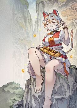 animal_ears barefoot breasts brown_hair cat_ears cat_girl coin goutokuji_mike highres maneki-neko medium_breasts multicolored_hair on_rock outdoors patchwork_clothes shirt shishui_guima short_hair sitting smile streaked_hair touhou white_hair white_shirt
