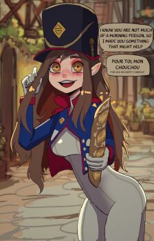 1girl :3 :d adeline_moutardie baguette basedbinkie bilingual_text blue_shrug blush bodysuit bread breasts brown_eyes brown_hair commentary cowboy_shot day english_commentary english_text food freckles french_text gloves grey_bodysuit hat highres holding holding_food leaning_forward long_hair long_sleeves medium_breasts mixed-language_text open_mouth original outdoors pointy_ears shrug_(clothing) smile solo speech_bubble teeth upper_teeth_only white_gloves