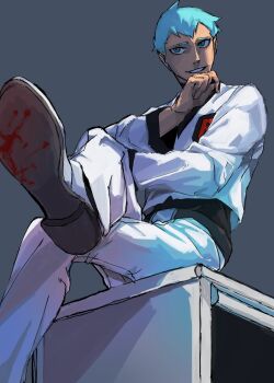 1boy archer_(pokemon) blood_on_shoes blue_eyes blue_hair crossed_legs grey_background highres male_focus nintendo pokemon pokemon_hgss sitting solo team_rocket team_rocket_uniform tskt_clmns