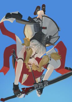 Rule 34 | 1girl, animal ears, arknights, arknights: endfield, bare legs, black gloves, blonde hair, blue sky, fingerless gloves, from below, gloves, hetare galm sue, highres, holding, holding weapon, hood, long hair, low-tied long hair, red hood, rossi (arknights), simple background, skirt, sky, solo, sword, upside-down, weapon, white skirt, yellow eyes