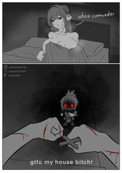 1boy 2girls absurdres aftersex breasts cleavage dorothy_(nikke) goddess_of_victory:_nikke gtfo_my_house_(meme) hair_bun highres holding holding_weapon jewelry large_breasts long_hair looking_at_viewer malachite_27346 meme multiple_girls pinne_(nikke) ponytail sidelocks very_long_hair weapon