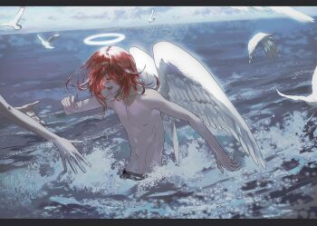 1boy 1other angel_devil_(chainsaw_man) angel_wings chainsaw_man closed_mouth commentary_request falling_feathers feathered_wings feathers halo happy highres hoseek male_focus ocean open_mouth partially_submerged smile solo_focus teeth topless_male traditional_halo upper_teeth_only water white_wings wings