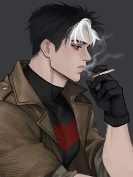 1boy bat_signal batman_(series) batman_symbol black_bodysuit black_gloves black_hair blue_eyes bodysuit brown_jacket dc_comics gloves grey_bodysuit hashtag-only_commentary highres jacket jason_todd male_focus multicolored_bodysuit muscular muscular_male open_clothes red_hood_(dc) red_hood_and_the_outlaws short_hair sieudeptrai08 superhero_costume taut_bodysuit two-tone_bodysuit