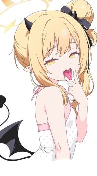 1girl absurdres birth_control black_horns blonde_hair blue_archive cunnilingus_gesture demon_girl demon_horns demon_tail demon_wings drooling female_pervert flat_chest halo highres horns ibuki_(anniversary_swimsuit)_(blue_archive) ibuki_(blue_archive) loli official_alternate_costume pervert pill pointy_ears risa_rierisa bad_tag sexually_suggestive simple_background solo tail tongue tongue_out white_background wings yellow_eyes