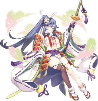 1girl armor artist_request asymmetrical_legwear blue_hair breasts closed_mouth full_body game_cg highres holding holding_sheath japanese_armor katana legend_clover long_hair minamoto_no_yoshitsune_(legend_clover) navel official_art orange_eyes sheath solo sword third-party_source transparent_background underboob weapon