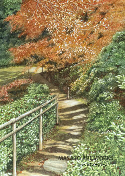 artist_name bush commentary_request day hedge highres no_humans original outdoors painting_(medium) path railing road scenery shadow signature traditional_media tree watanabe_masato watercolor_(medium)