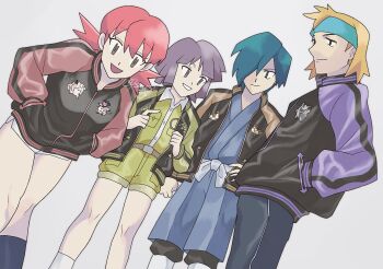 1girl 3boys belt black_pants black_socks blonde_hair blue_hair blue_hakama blue_headband blue_kimono brown_eyes bugsy_(pokemon) clefairy falkner_(pokemon) gen_1_pokemon gen_2_pokemon gengar green_jacket green_shorts grey_background grey_eyes hakama hakama_pants headband highres jacket japanese_clothes kimono kneehighs looking_at_viewer metapod miltank morty_(pokemon) multicolored_jacket multiple_boys nintendo pants pidgeotto pidgey pink_hair pokemon pokemon_gsc purple_hair sanno_(snn_3) sash scyther shorts simple_background socks standing twintails white_sash white_socks whitney_(pokemon)