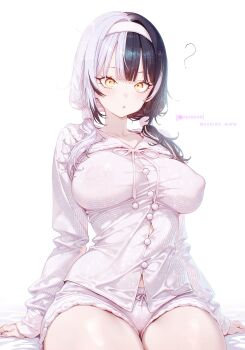 1girl ? absurdres black_hair breasts button_gap covered_erect_nipples grey_hair hairband highres hololive hololive_english large_breasts long_hair long_sleeves looking_at_viewer low_twintails mashiro_www multicolored_hair pajamas parted_lips shiori_novella short_shorts shorts simple_background sitting sleepwear split-color_hair twintails virtual_youtuber white_background white_hairband white_shorts yellow_eyes