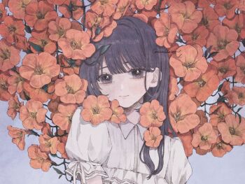 1girl black_hair blouse bright_pupils chinese_trumpet_vine closed_mouth collared_shirt commentary commission flower frilled_shirt frills grey_eyes hair_behind_ear highres light_blush light_smile long_hair looking_at_viewer momo_walnut original puffy_short_sleeves puffy_sleeves red_flower ribbon shirt short_sleeves signature solo upper_body watermark white_ribbon white_shirt wing_collar