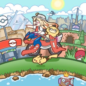 1girl absurdres ahoge backpack bag black_bag blonde_hair blush_stickers bombirdier closed_mouth cloud commentary crossover day from_side gen_1_pokemon grass grey_hat hashtag-only_commentary hat highres hololive hololive_dev_is klawf koraidon long_hair magikarp monocomfy musical_note musical_note_print naranja_academy_school_uniform nintendo open_mouth orange_shorts otonose_kanade outdoors outstretched_arm pikachu pointing pointing_forward poke_ball_symbol pokemon pokemon_(creature) pokemon_center pokemon_sv print_hat psyduck red_eyes riding riding_pokemon running school_bag school_uniform self-upload shirt short_sleeves shorts silhouette sky smile sun virtual_youtuber voltorb water white_shirt