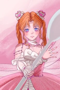 Rule 34 | 1girl, arm bow, arm warmers, back bow, bare shoulders, bead armlet, bead necklace, beads, blonde hair, blue eyes, bow, bowtie, chinese commentary, choker, colored eyelashes, commentary request, cone hair bun, cowboy shot, double bun, dreamtime bestowed (infinity nikki), dress, frilled arm warmers, frills, gem, gem hair ornament, gradient eyes, hair bow, hair bun, happy, heart-shaped gem, highres, holding, holding spoon, infinity nikki, jewelry, layered dress, liangmu liliang, light blush, lipstick, long hair, makeup, multicolored eyes, neck ribbon, necklace, nikki (series), nostrils, outstretched arm, oversized object, parted bangs, parted lips, pink background, pink bow, pink dress, pink eyes, pink gem, pink lips, pink ribbon, ribbon, see-through bow, sidelocks, sleeveless, sleeveless dress, smile, solo, spaghetti strap, spoon, standing, straight-on, striped bow, twintails, wavy hair, white arm warmers, white bow, white bowtie, white choker, white dress, wrist bow