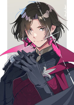 1boy age_nasuo armor black_armor black_cape black_gloves black_hair border cape closed_mouth constantine_xi_(fate) constantine_xi_(second_ascension)_(fate) curtained_hair diffraction_spikes earrings fate/grand_order fate_(series) glint gloves grey_background grey_eyes hands_up highres interlocked_fingers jewelry looking_at_viewer male_focus outside_border own_hands_together parted_bangs pillarboxed red_armor red_cape short_hair shoulder_armor shoulder_belt side_cape sideways_glance smile solo two-sided_cape two-sided_fabric upper_body white_border