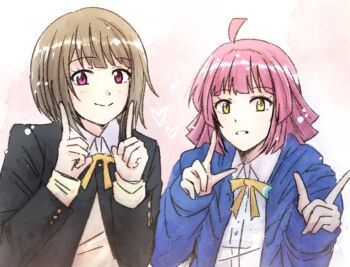 Rule 34 | 2girls, ahoge, black jacket, blue jacket, blunt bangs, brown hair, closed mouth, collared shirt, commentary request, dress shirt, hood, hooded jacket, jacket, kishimen hair, long sleeves, looking at viewer, love live!, love live! nijigasaki high school idol club, medium hair, multiple girls, nakasu kasumi, neck ribbon, open clothes, open jacket, parted lips, pink background, pink eyes, pink hair, ribbon, shirt, short hair, sidelocks, smile, sweater, tennoji rina, typeakiha73, upper body, white shirt, winter uniform, yellow eyes, yellow ribbon, yellow sweater