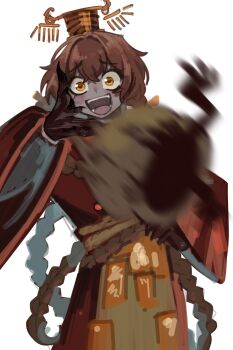 1boy beanni bow braid chinese_clothes colored_skin guan_hat hair_between_eyes hair_bow happy highres jar limbus_company long_hair male_focus meme project_moon red_shirt rope shirt talisman throwing woe_plague_be_upon_ye_(meme) xue_pan_(project_moon)