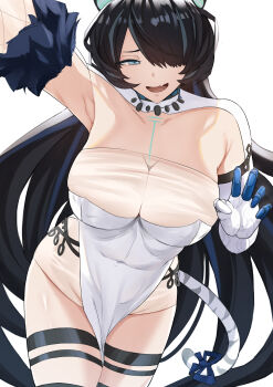 1girl absurdres animal_ears black_hair blue_eyes blue_hair blue_ribbon breasts detached_sleeves dress erina_makina fang fur-trimmed_sleeves fur_trim grey_hair hair_over_one_eye highres long_hair mchiefy mechanical_arms multicolored_hair open_mouth phase_connect ribbon see-through_cleavage see-through_clothes see-through_sleeves single_detached_sleeve single_mechanical_arm skin_fang solo streaked_hair tail tail_ornament tail_ribbon tiger_ears tiger_girl tiger_tail virtual_youtuber white_dress
