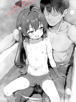 1boy 1girl ahoge bar_censor blue_archive blush censored completely_nude flat_chest halo hetero highres in_bathtub loli long_hair maki_(blue_archive) mixed-sex_bathing navel nipples nude open_mouth penis pussy red_halo reverse_upright_straddle sex sex_from_behind shared_bathing sitting smile solo_focus stomach textless_version vaginal water yuuji_overall