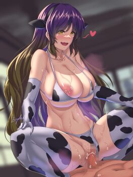 1girl animal_ear_hairband animal_ears animal_print bikini blurry blurry_background blush breasts brown_hair censored check_commentary clothed_female_nude_male clothing_aside commentary_request cow_ear_hairband cow_ears cow_print cow_print_bikini cow_print_gloves cow_print_thighhighs cum cum_in_pussy elbow_gloves fake_animal_ears from_side girl_on_top gloves gradient_hair hairband hands_on_own_knees happy_sex heart hetero highres hijiri_byakuren huge_breasts indoors lactation large_areolae long_hair mosaic_censoring multicolored_hair navel nipple_slip nipples nude open_mouth panties panties_aside print_bikini print_gloves print_thighhighs purple_hair raised_eyebrows sex signature slit_pupils spoken_heart squatting_cowgirl_position sweat swimsuit thighhighs touhou underwear vaginal wavy_mouth yellow_eyes zephid