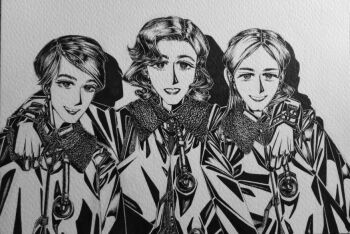 3girls arm_around_neck bomber_jacket bordfunker133 curly_hair friedrich_rumpelhardt gaensler-chan_(bordfunker133) genderswap genderswap_(mtf) greyscale grin heinz-wolfgang_schnaufer hug jacket lent lipstick long_hair looking_at_viewer luftwaffe makeup monochrome multiple_girls nazi original photo_(medium) real_life rumpelhardt-chan_(bordfunker133) schnaufer-chan_(bordfunker133) short_hair simple_background smile soldier tooth_gap upper_body wilhelm_gaensler world_war_ii