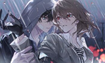 Rule 34 | 2boys, akechi gorou, amamiya ren, bandaid, bandaid on cheek, bandaid on face, black gloves, black hair, black jacket, black necktie, blurry, blurry background, brown hair, brown jacket, cellphone, closed mouth, collared shirt, commentary, doran (doran7280), eye contact, eyelashes, gloves, grey eyes, grey hoodie, hair between eyes, hand up, heterochromia, highres, holding, holding another&#039;s wrist, hood, hood up, hoodie, jacket, long sleeves, looking at another, male focus, medium hair, multiple boys, necktie, outdoors, parted lips, persona, persona 5, phone, rain, red eyes, school uniform, shirt, short hair, smartphone, striped necktie, symbol-only commentary, upper body, water, water drop, wet, wet hair, white shirt, yaoi