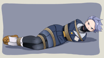 1girl absurdres arms_behind_back black_pantyhose border bound brown_shoes buttons cloth_gag commentary_request cyllene_(pokemon) eyelashes full_body gag gagged grey_background grey_hair highres improvised_gag jacket looking_at_viewer loose_socks lost_one_zero lying nintendo on_side pantyhose pokemon pokemon_legends:_arceus restrained shoes short_hair skirt socks solo variant_set