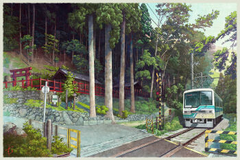 day eizan_electric_railway kyoto mugumo_24k multiple_unit_train no_humans original outdoors overhead_line railroad_crossing railroad_tracks real_world_location scenery shrine torii train tree utility_pole