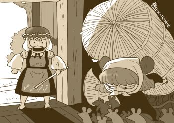 Rule 34 | 2girls, aki minoriko, angry, animal ears, apron, barefoot, brown theme, burglar, commentary request, full body, hat, indoors, long sleeves, mob cap, monochrome, mouse (animal), mouse ears, mouse girl, mouse tail, multiple girls, nazrin, onikobe rin, open mouth, short hair, skirt, solid circle eyes, standing, tail, theft, thief, touhou