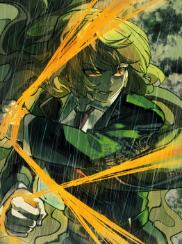 1girl angry clenched_hands clenched_teeth dress_shirt duo_chromatic formal_clothes hands_up highres ishmael_(project_moon) limbus_company long_hair necktie no_freckles outdoors project_moon pulling rain serious shirt solo suit teeth upper_body