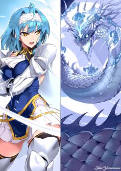 1girl ahoge armor blue_hair breasts colorized dragon gauntlets hairband highres medium_breasts neckerchief nonaka_yuki novel_illustration official_art ookuma_nekosuke shinmai_maou_no_testament short_hair shoulder_armor thighs yellow_eyes