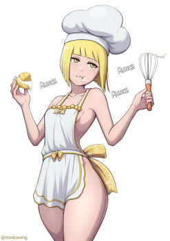 1girl apron artist_name bare_shoulders beanie bleach bleach:_sennen_kessen-hen blonde_hair breasts collarbone commission dessert eating female_focus food hat highres holding holding_whisk liltotto_lamperd medium_hair mistowing naked_apron quincy_(bleach) small_breasts sternritter whisk yellow_eyes