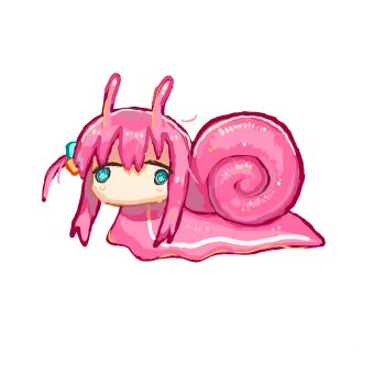 1girl ahoge antennae blue_eyes bocchi_the_rock! commentary crying crying_with_eyes_open cube_hair_ornament detached_ahoge english_commentary gotoh_hitori hair_between_eyes hair_ornament highres lazy_eye long_hair no_mouth no_nose non-web_source pink_hair sad slime_(substance) slime_hair snail snail_girl solo standing standing_on_one_leg sweat tears white_background