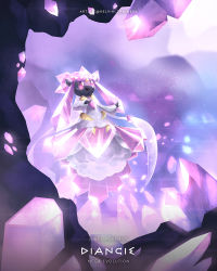 cave_interior character_name commentary copyright_name crystal diancie floating full_body gen_6_pokemon highres kelvin-trainerk legendary_pokemon looking_up mega_diancie mega_pokemon mythical_pokemon nintendo no_humans outstretched_arm pink_eyes pokemon pokemon_(creature) solo twitter_username
