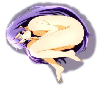 1girl 2000s_(style) ass bk_(barakoodra) breasts completely_nude faux_retro_artstyle feet highres long_hair nude original parted_lips pink_eyes purple_hair solo very_long_hair