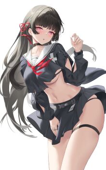 Rule 34 | 1girl, absurdres, black bra, black hair, black skirt, blush, bra, breasts, chisa (wuthering waves), commentary, hair ornament, hair ribbon, hand up, highres, large breasts, long hair, long sleeves, looking at viewer, miniskirt, navel, parted lips, pdxen, pink eyes, pleated skirt, red ribbon, ribbon, shirt, simple background, skirt, solo, stomach, thigh strap, thighs, torn clothes, torn shirt, underwear, white background, wuthering waves